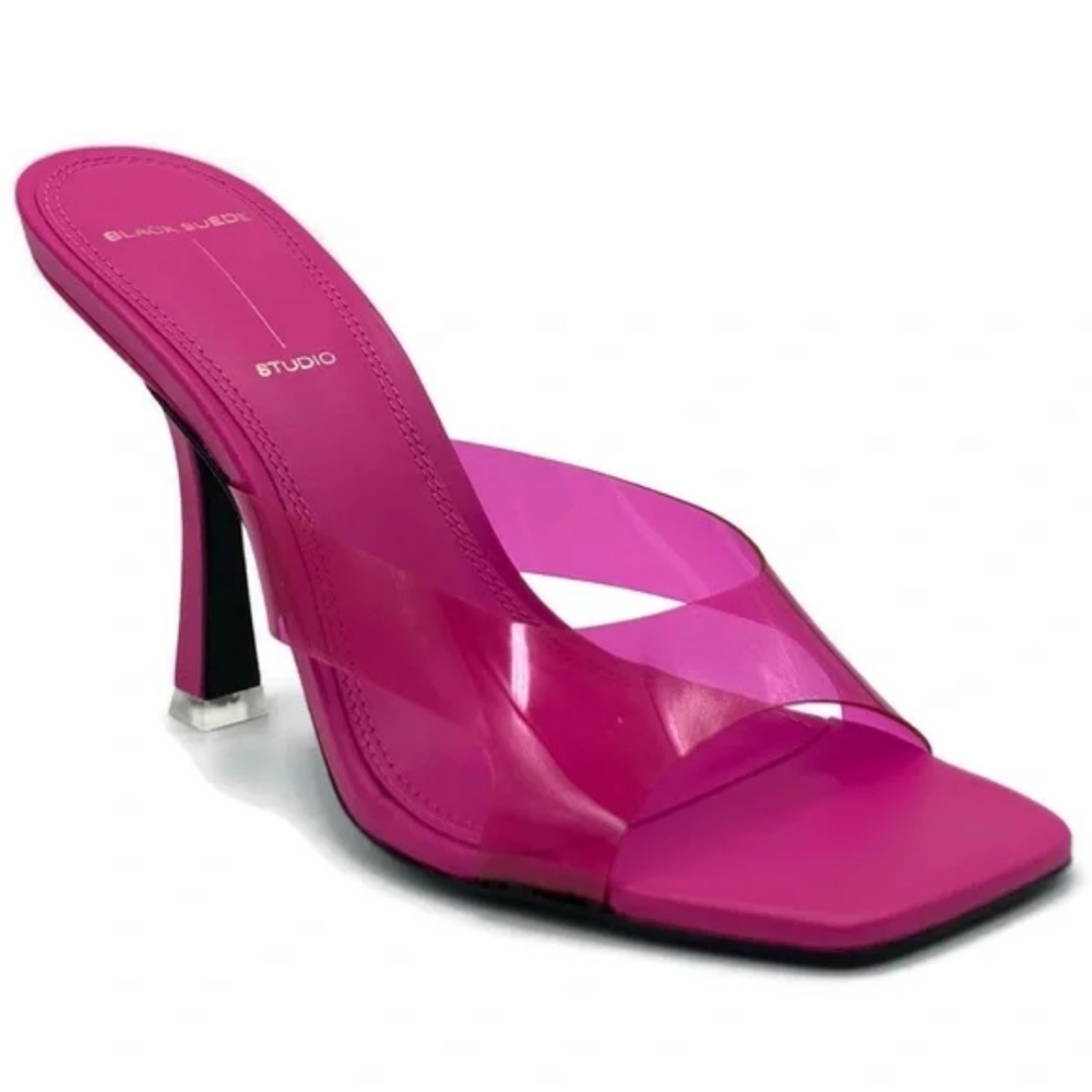 Black Suede Studio Fuchsia Pink Transparent PVC Vinyl Strap Slide Sandal mule